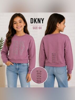 DKNY Girls 6X Pink Rhinestone Logo Lace-Up Back Sweatshirt cozy girls fashion